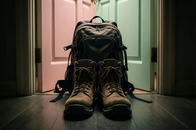 Bruine wandelschoenen en een bruine rugzak staan op een donkere houten vloer voor een open deuropening, met een roze en een lichtgroene deur op de achtergrond.