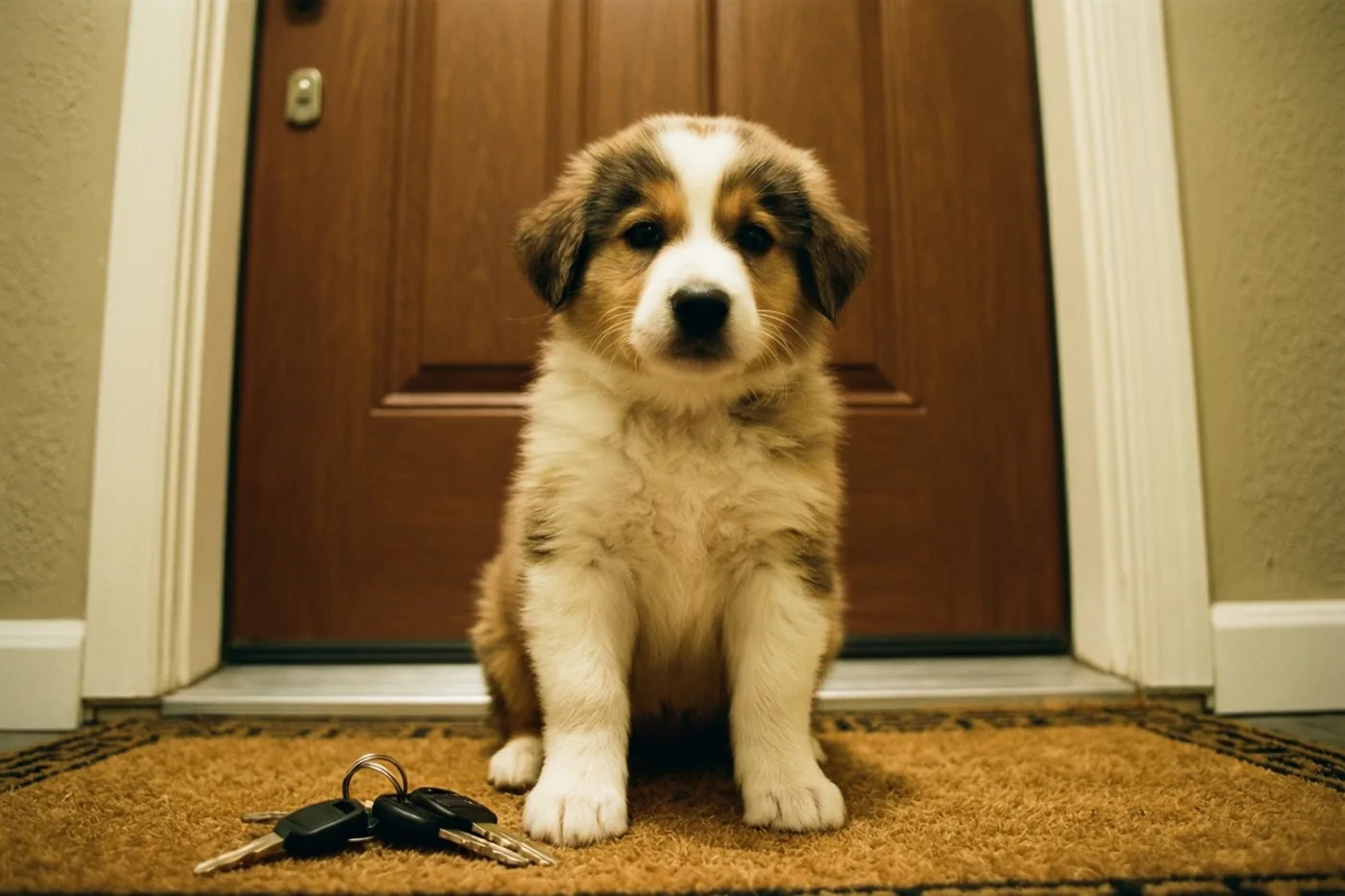 Een pluizige bruin-witte puppy zit op een bruine deurmat voor een houten deur in warm licht.