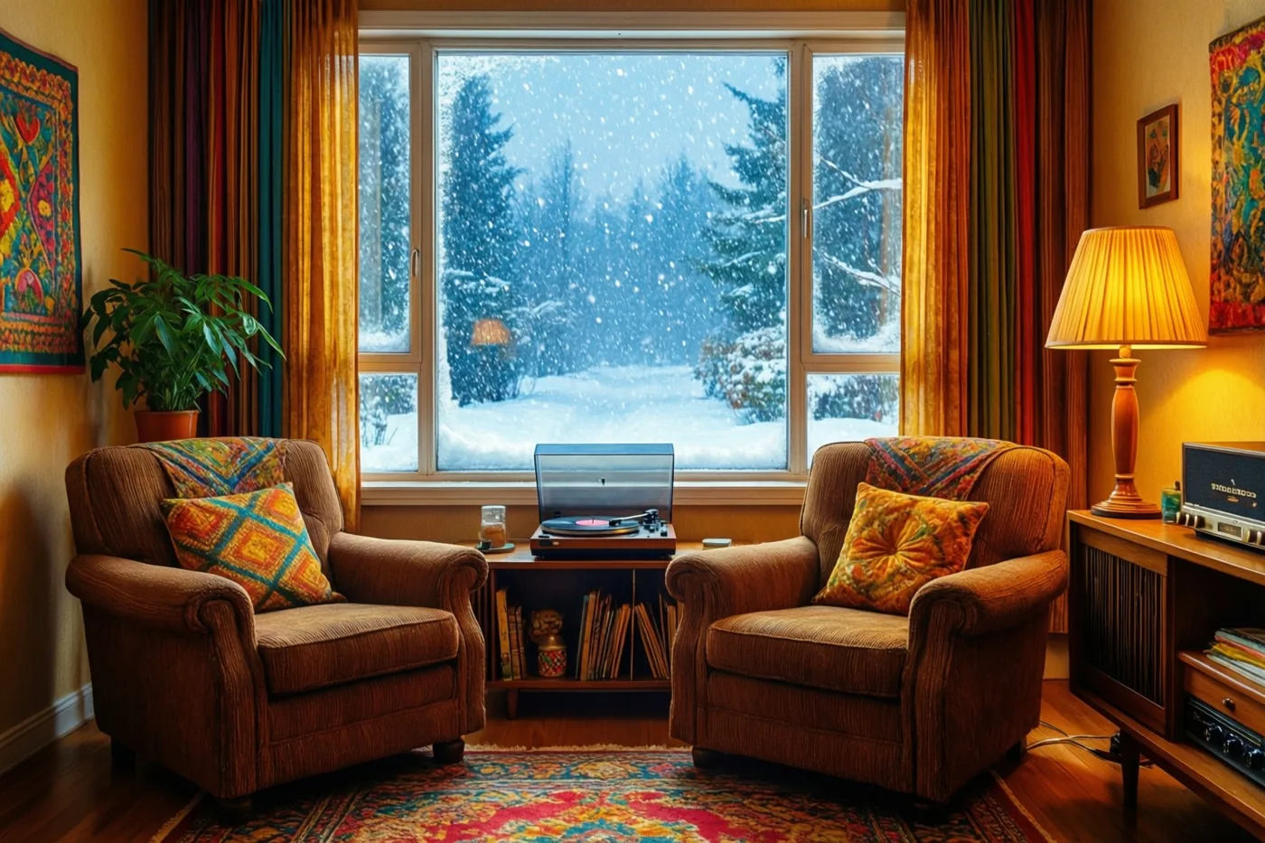 Twee bruine zetels staan in een woonkamer uit de jaren zeventig naar een raam gericht, met sneeuwval in een bos buiten en binnen een lamp, kleurrijke wandkleden en een vloerkleed met een patroon.