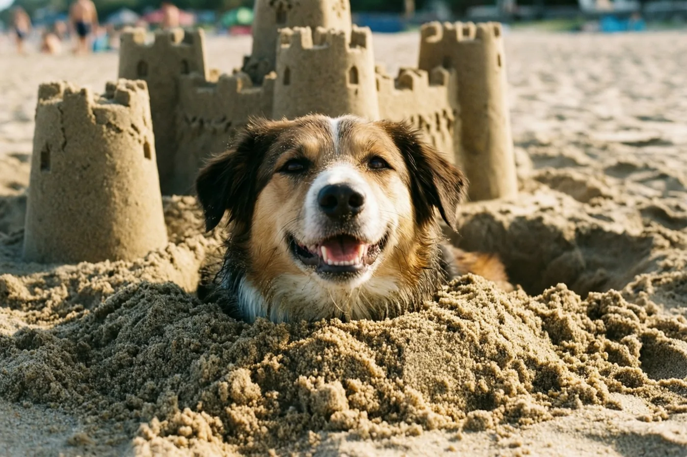 De vrolijke kop van een bruin-witte hond steekt uit het strandzand, met een gedetailleerd zandkasteel achter hem in warm zonlicht.