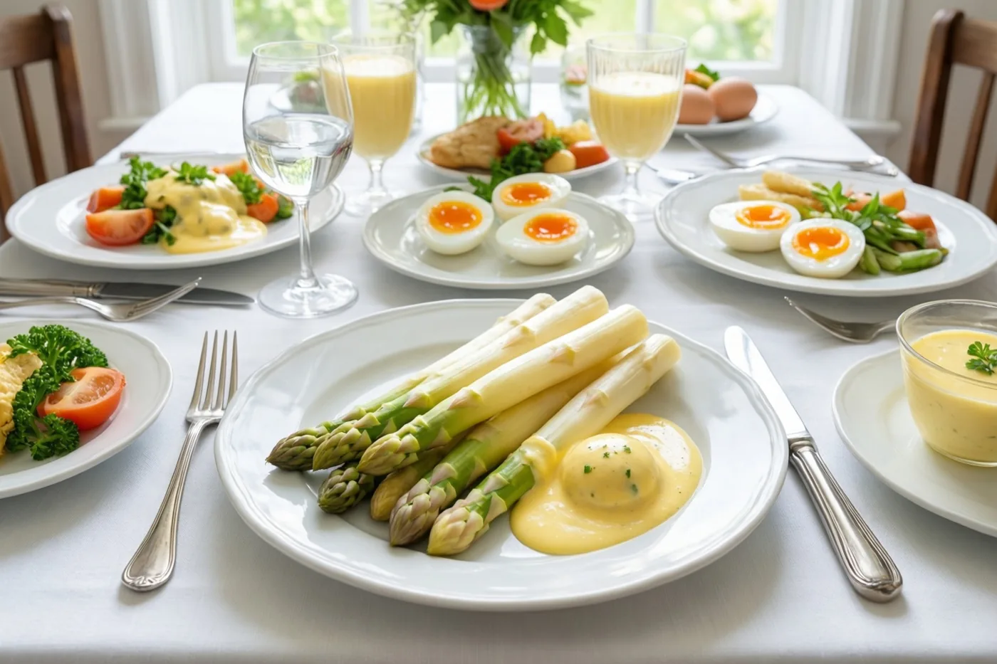 Een brunchtafel is gedekt met borden witte asperges, gehalveerde hardgekookte eieren en hollandaisesaus in natuurlijk raamlicht.