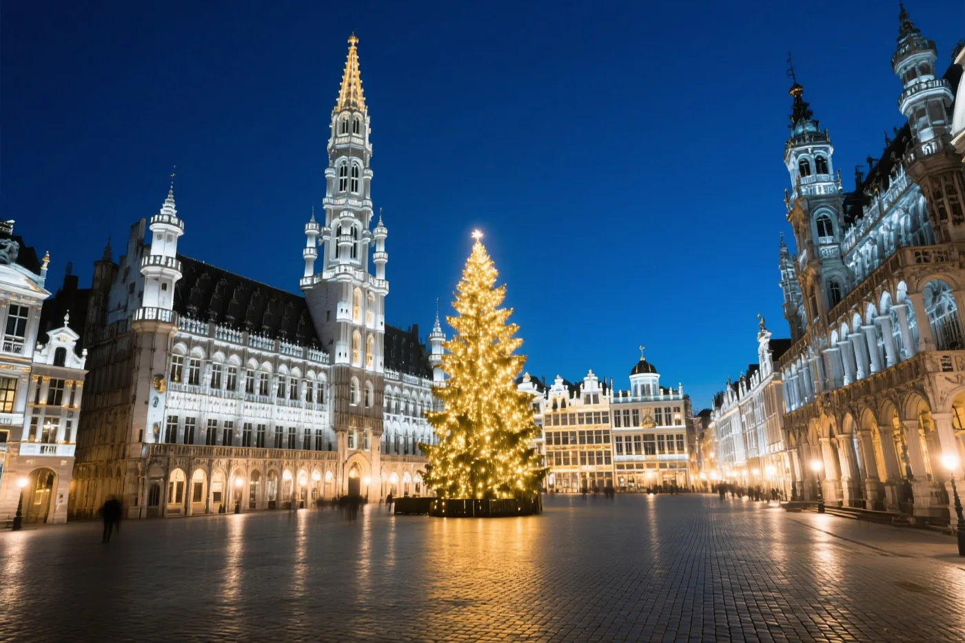 Een hoge verlichte kerstboom staat op de Grote Markt in Brussel tussen verlichte gildehuizen onder een diepblauwe nachtelijke hemel, met gouden licht dat weerspiegelt op de kasseien.