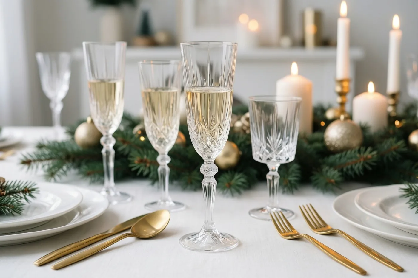 Kristallen champagneglazen met bubbels staan bij goudkleurig bestek op een wit tafelkleed, tussen groene dennentakken, gouden versieringen en brandende kaarsen.