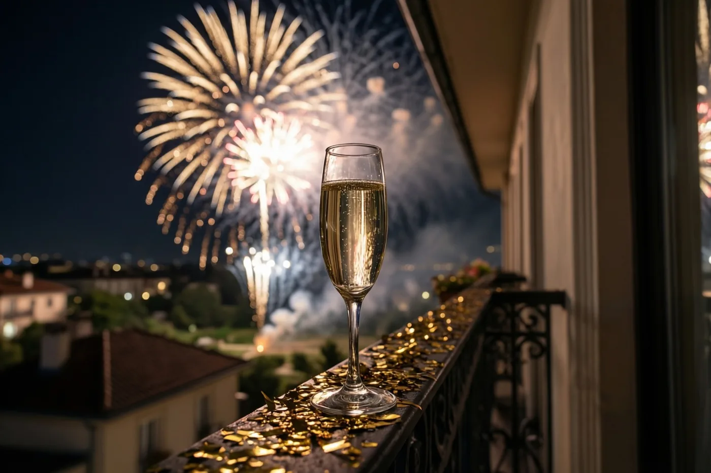 Een champagneglas met bubbels staat op een balkonrand met gouden confetti, met wazig vuurwerk in de donkere lucht erachter.