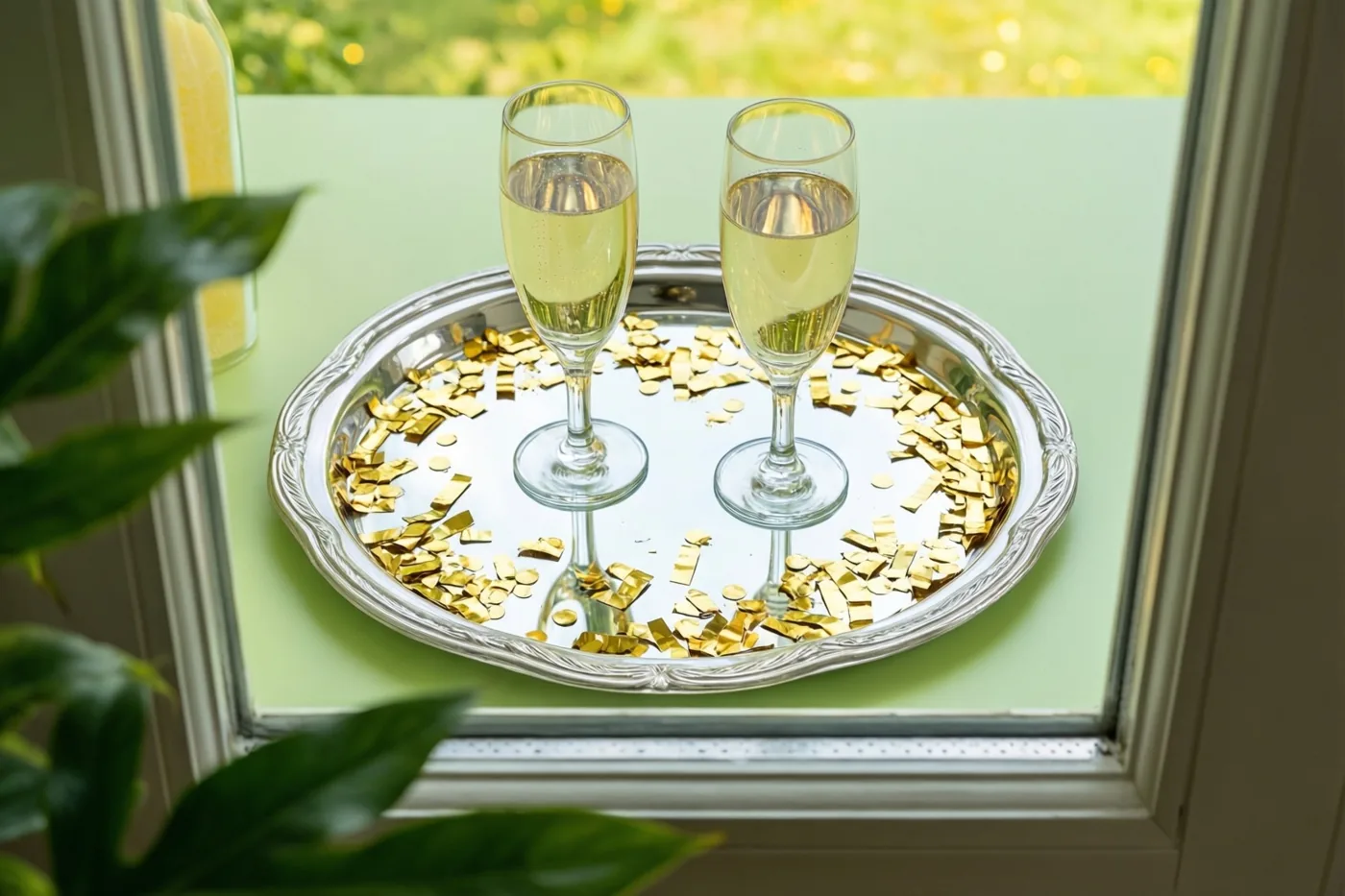 Twee champagneflûtes met mousserende wijn staan op een zilveren spiegeldienblad met gouden confetti op een vensterbank, met groen gebladerte deels op de voorgrond.