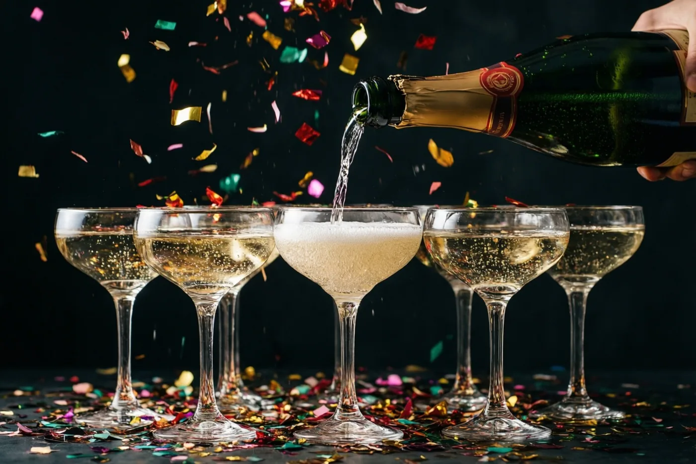 Mousserende wijn wordt uit een fles in een rij coupeglazen geschonken terwijl kleurrijke confetti tegen een donkere achtergrond naar beneden valt.