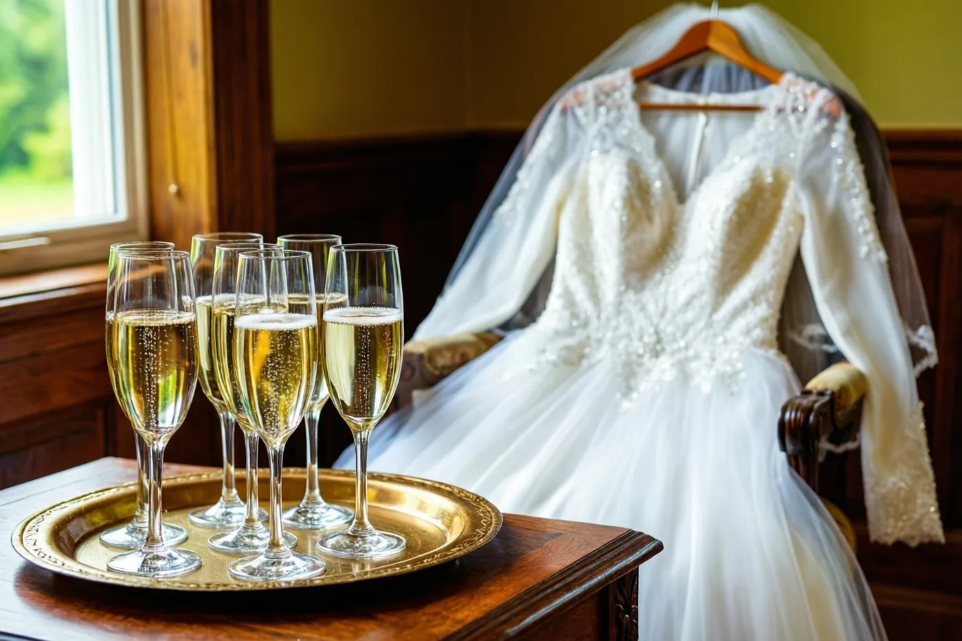 Een witte trouwjurk met sluier hangt over een stoel achter een gouden dienblad met glazen mousserende wijn, bij een raam in een kamer met houten lambrisering.