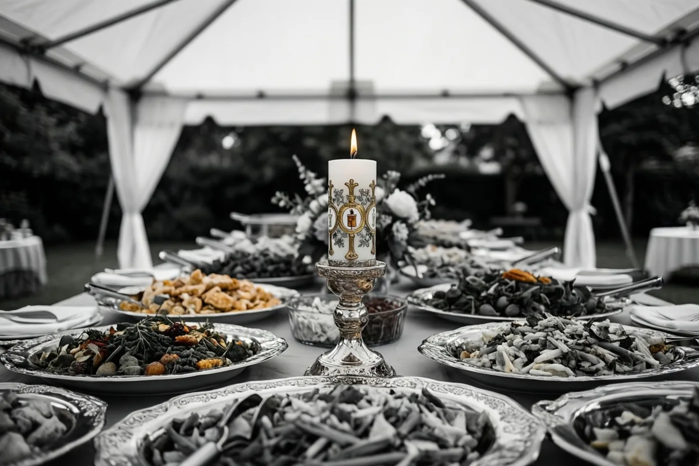 Een overwegend zwart-witbeeld toont een lange buffettafel onder een witte tuintent met eten op sierlijke zilveren schalen en een brandende communiekaars, waarbij de vlam en enkele versieringen kleur behouden.