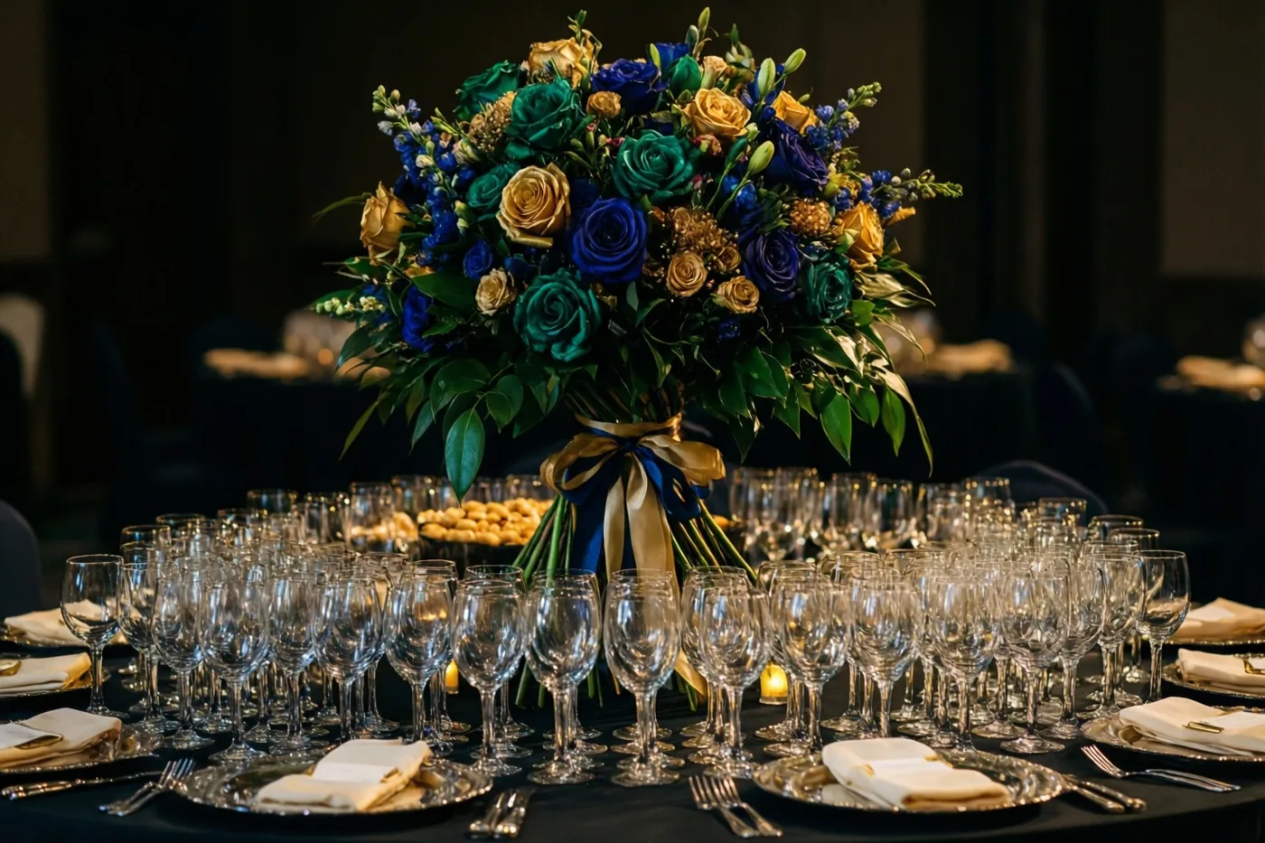 Op een feestelijke buffettafel staan rijen heldere wijnglazen en zilveren borden rond een groot boeket blauwe, blauwgroene en gouden rozen met een blauw-gouden lint tegen een donkere achtergrond.