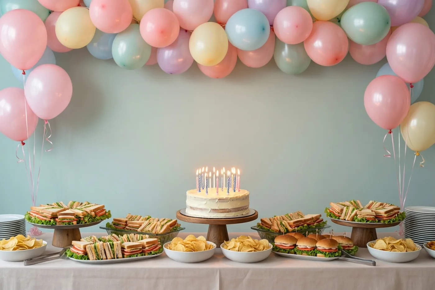 Een lange buffettafel met een taart met brandende kaarsen, belegde broodjes en kommen chips staat onder pastelroze, mintgroene en crèmekleurige ballonnen tegen een lichtblauwe muur.