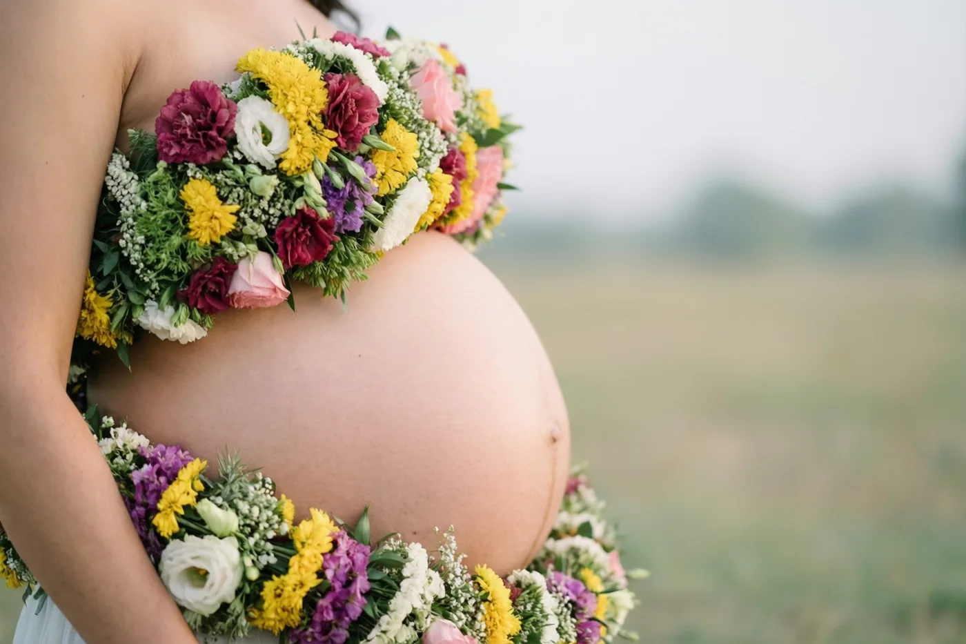 Een zwangere buik met een slinger van roze, gele, paarse en witte bloemen is van opzij te zien in een veld met een wazige achtergrond, zonder het gezicht in beeld.