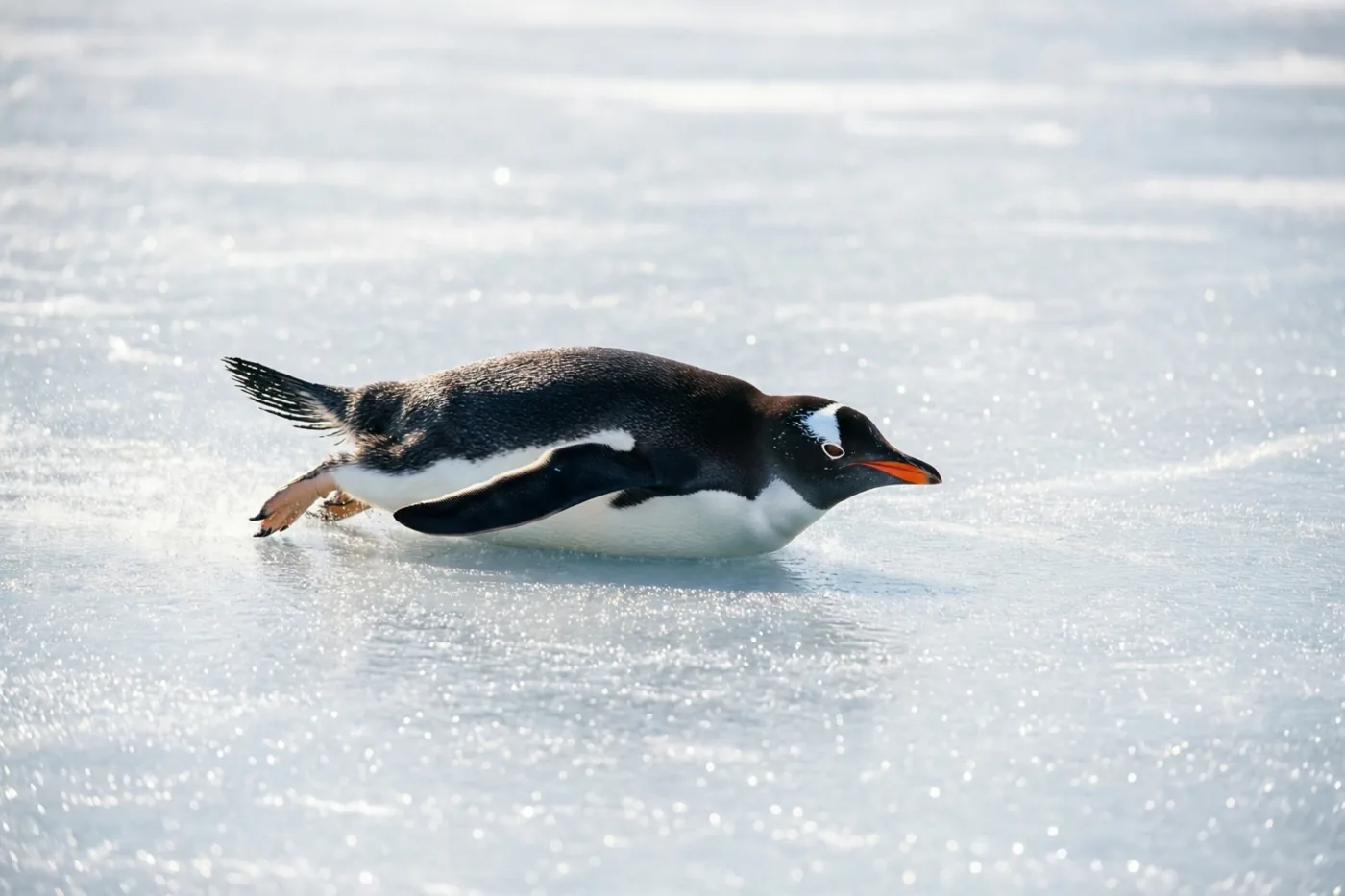 Een pinguïn met oranje accenten aan snavel en poten glijdt op zijn buik over een glad glinsterend ijsoppervlak.
