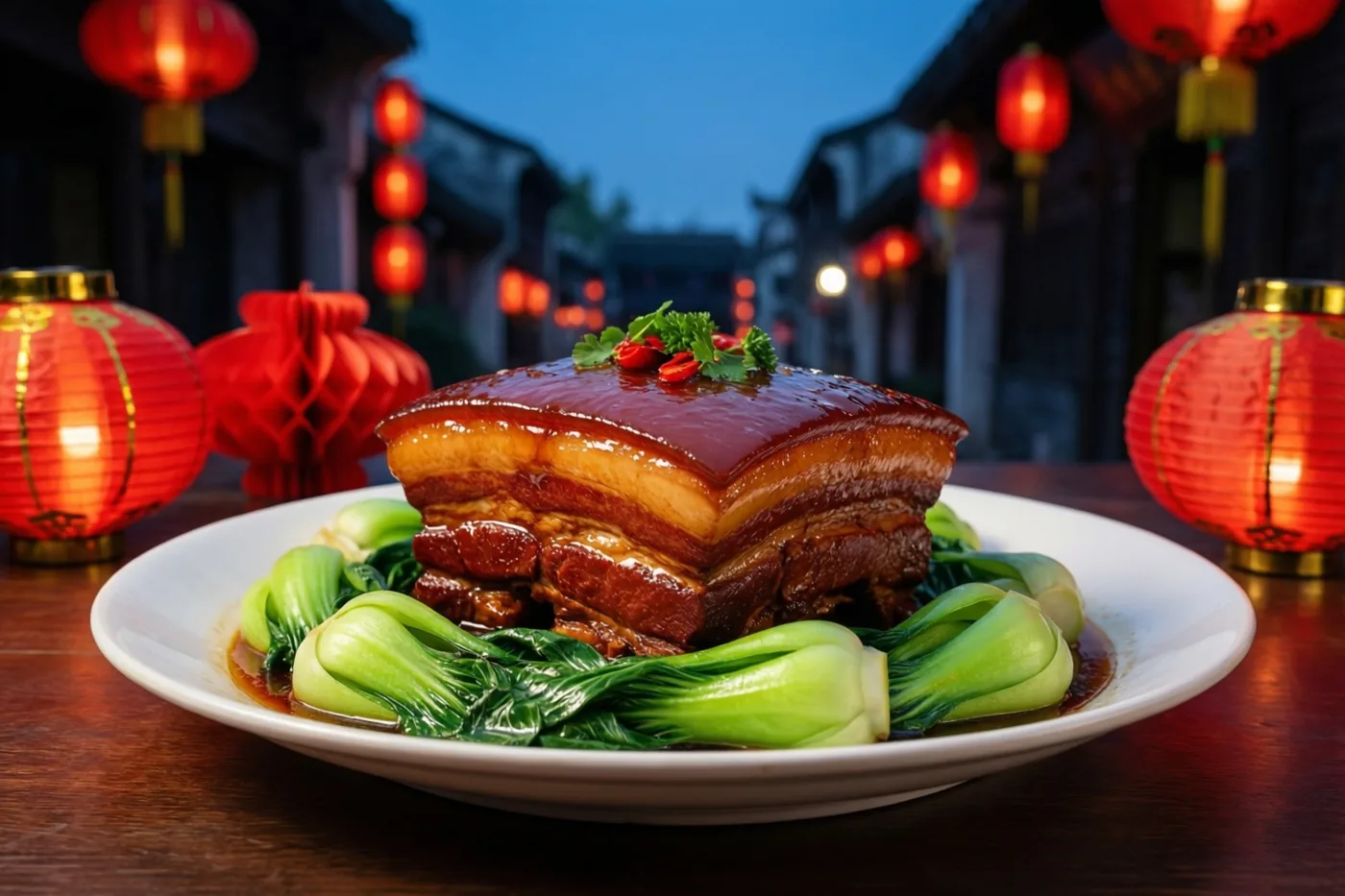 Een wit bord met glanzend gestoofd buikspek en paksoi staat op een houten tafel in een traditioneel Chinees steegje bij schemering, omringd door brandende rode lantaarns.