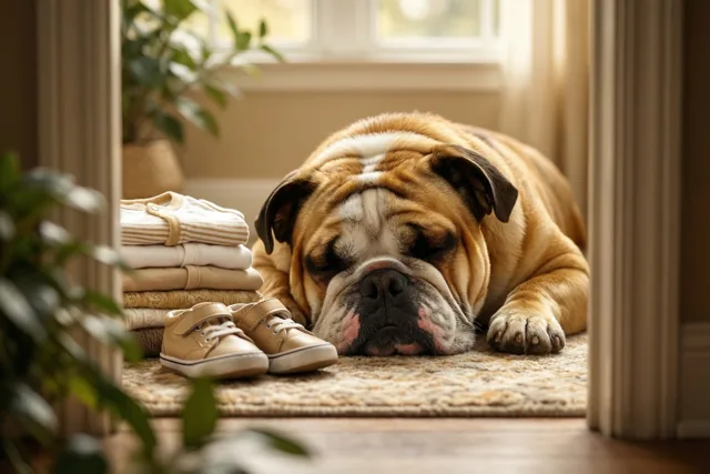 Buldog rust voor de gezinsuitbreiding