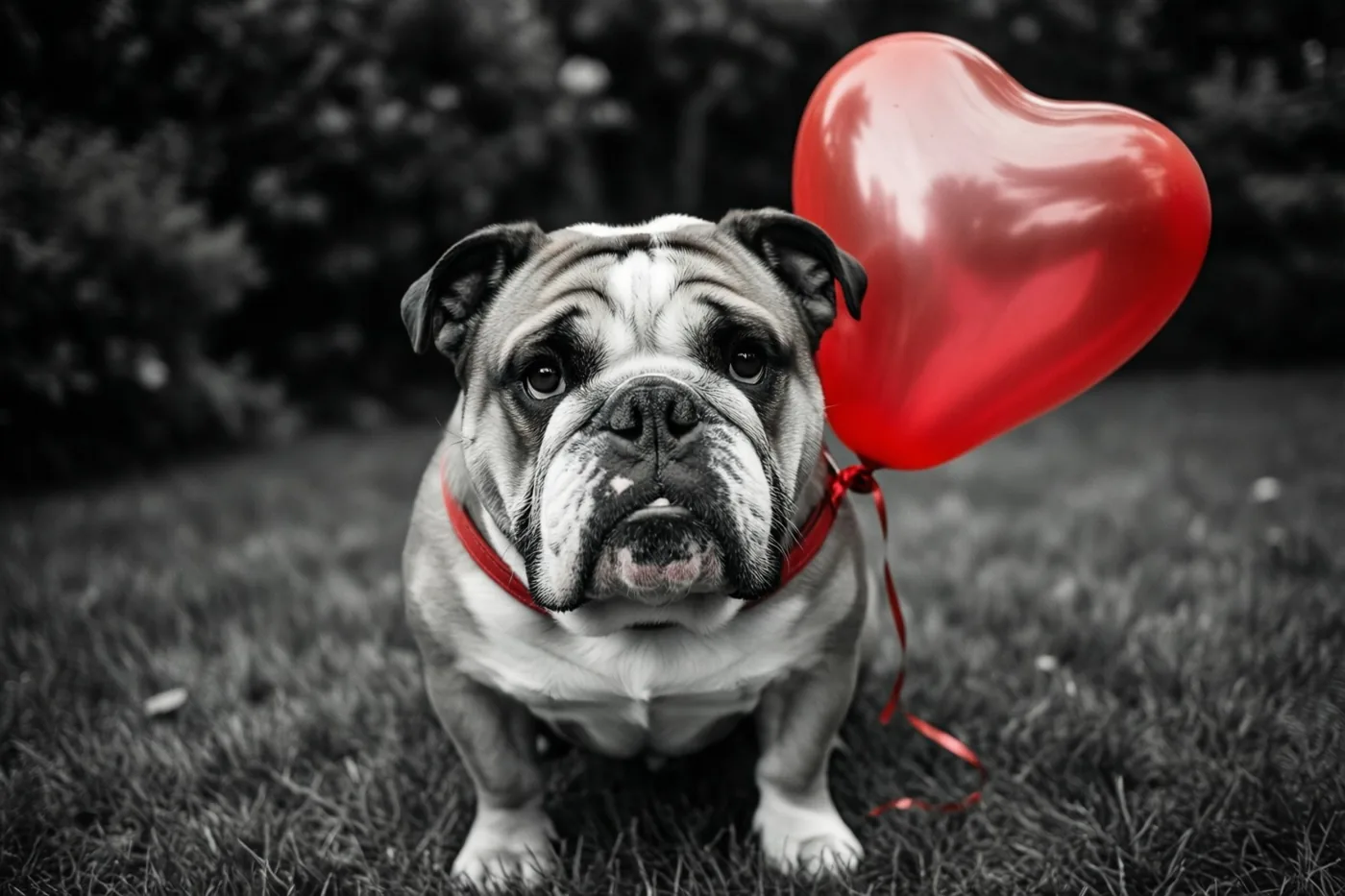 Een buldog zit op het gras en kijkt omhoog naar de camera met een rode hartvormige ballon aan zijn halsband, terwijl de hond en de omgeving zwart-wit zijn.