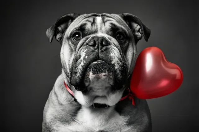 Een buldog kijkt recht naar de camera tegen een donkergrijze achtergrond, met een rode hartvormige ballon aan zijn halsband als enige kleur in het beeld.