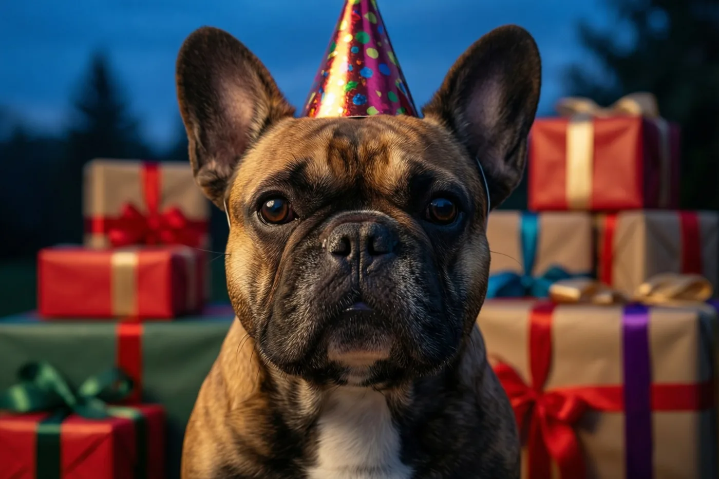Een Franse bulldog met een kleurrijk feesthoedje staat buiten voor een stapel ingepakte cadeaus, met een blauwe hemel in de schemering.