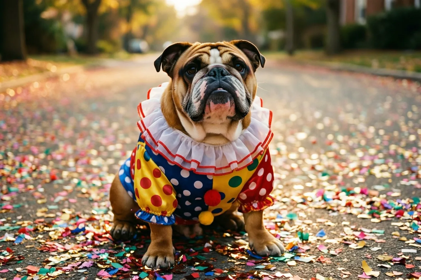Een bulldog in een kleurrijk clownspak met stippen en een rucheskraag zit op bestrating vol confetti in warm goudkleurig zonlicht, met bomen op de achtergrond.
