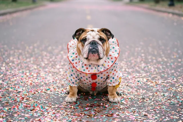 De bulldog speelt voor clown