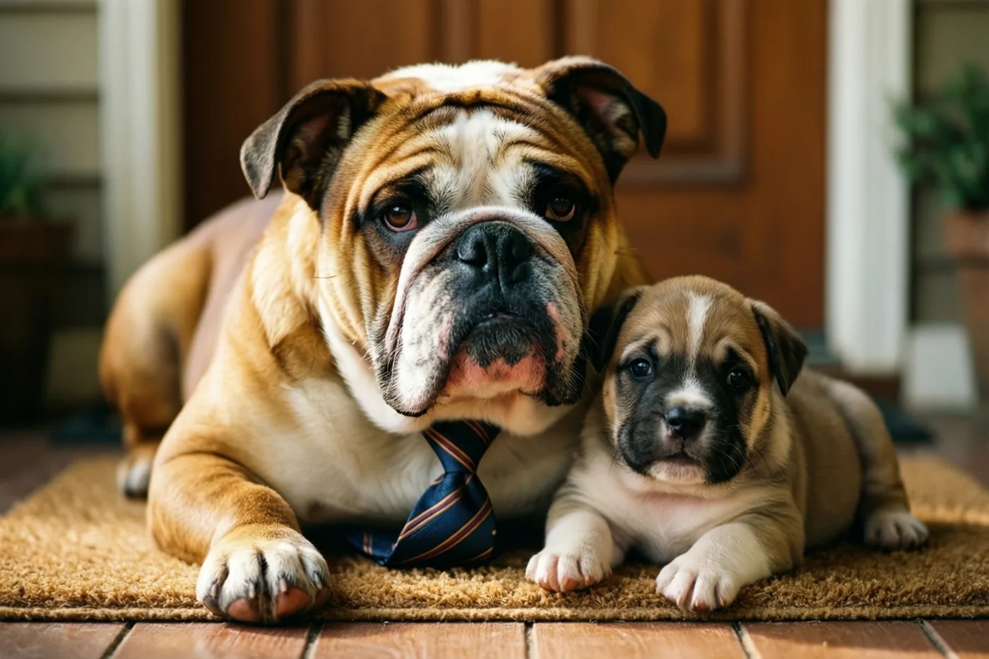 Een grote bulldog met een das ligt naast een kleine puppy op een deurmat, op een houten vloer met een houten deur op de achtergrond.