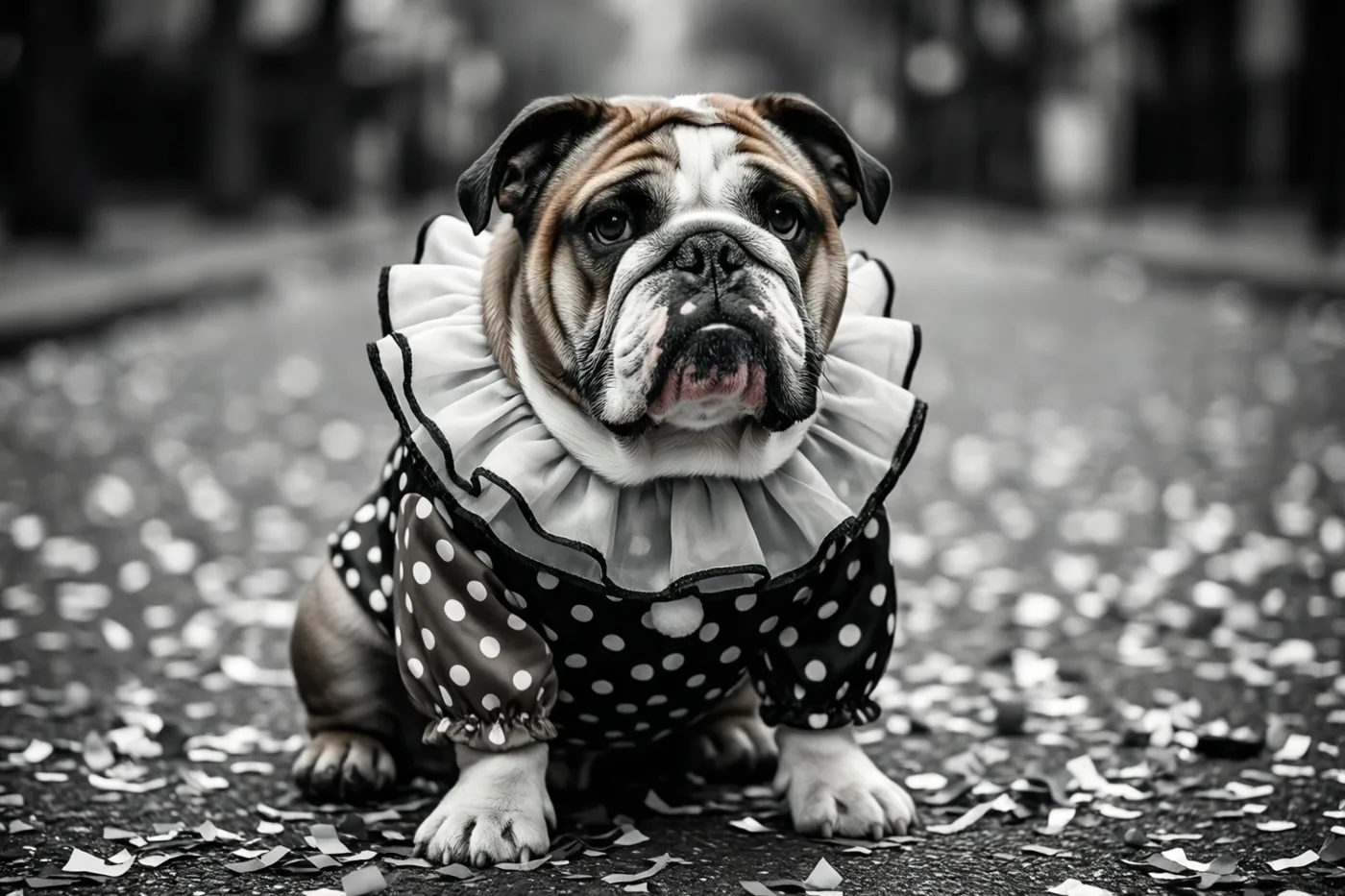 Een bulldog in een gestippeld clownspak met rucheskraag zit op bestrating vol confetti, in een zwart-witbeeld met kleuraccenten op zijn snoet en kostuum.