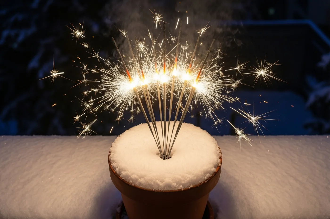 Een bundel brandende sterretjes steekt uit een besneeuwde terracotta bloempot op een besneeuwd balkon en verspreidt heldere vonken in de donkere nacht.