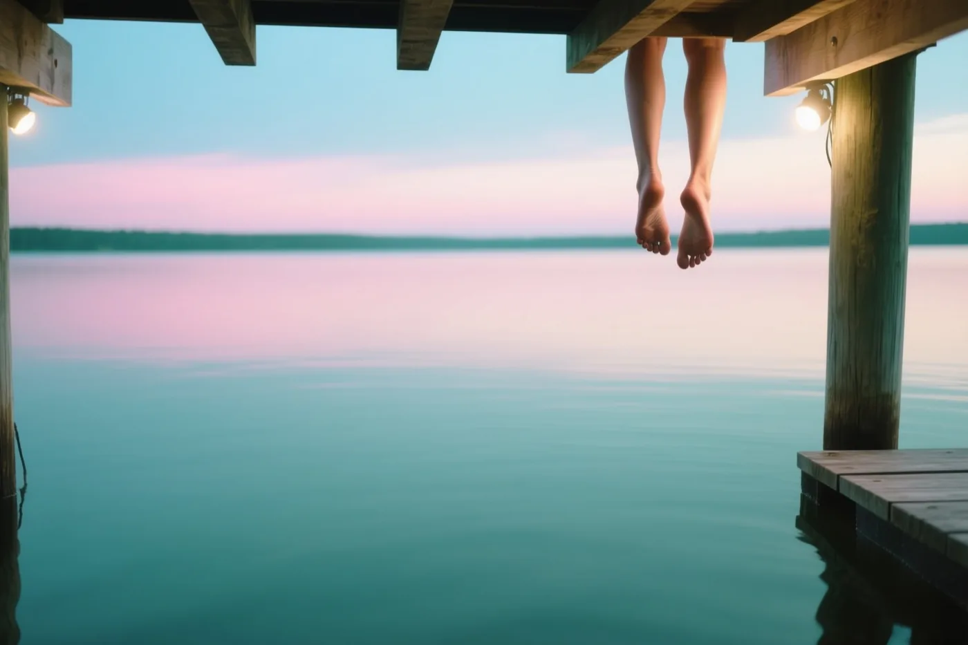 Blote voeten hangen onder een houten steiger boven een rustig meer bij schemering, in zachte roze en blauwgroene tinten.