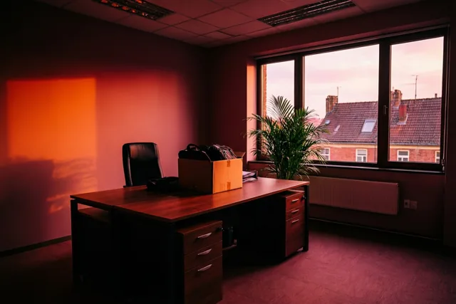 In een leeg kantoor staan een houten bureau met een doos, een zwarte bureaustoel en een potplant bij een groot raam in rood-oranje licht.