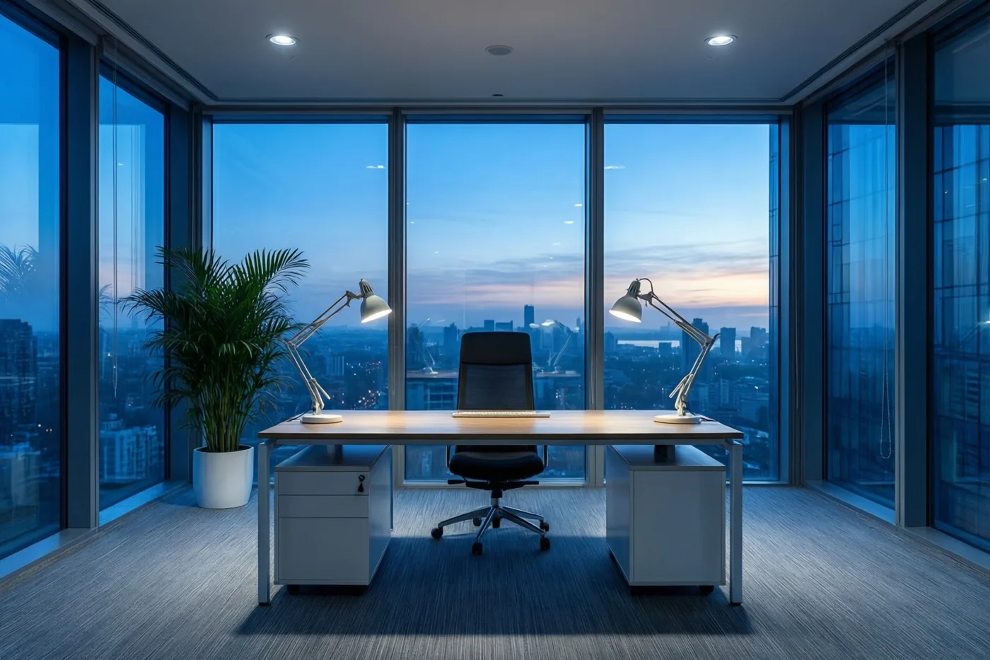In een leeg kantoor staan een houten bureau met twee lampen en een potplant voor een uitzicht op de stad bij dageraad, in blauwe en grijze tinten.