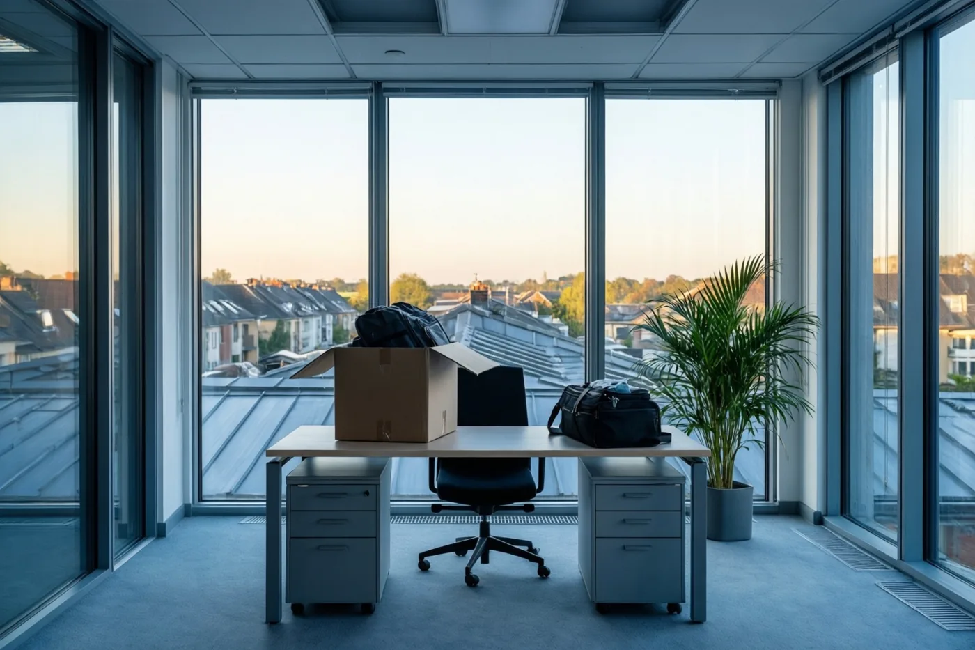 Een leeg kantoor met een bureau, stoel, doos met spullen en potplant kijkt via grote ramen uit op daken in koelblauw en warm zonlicht.