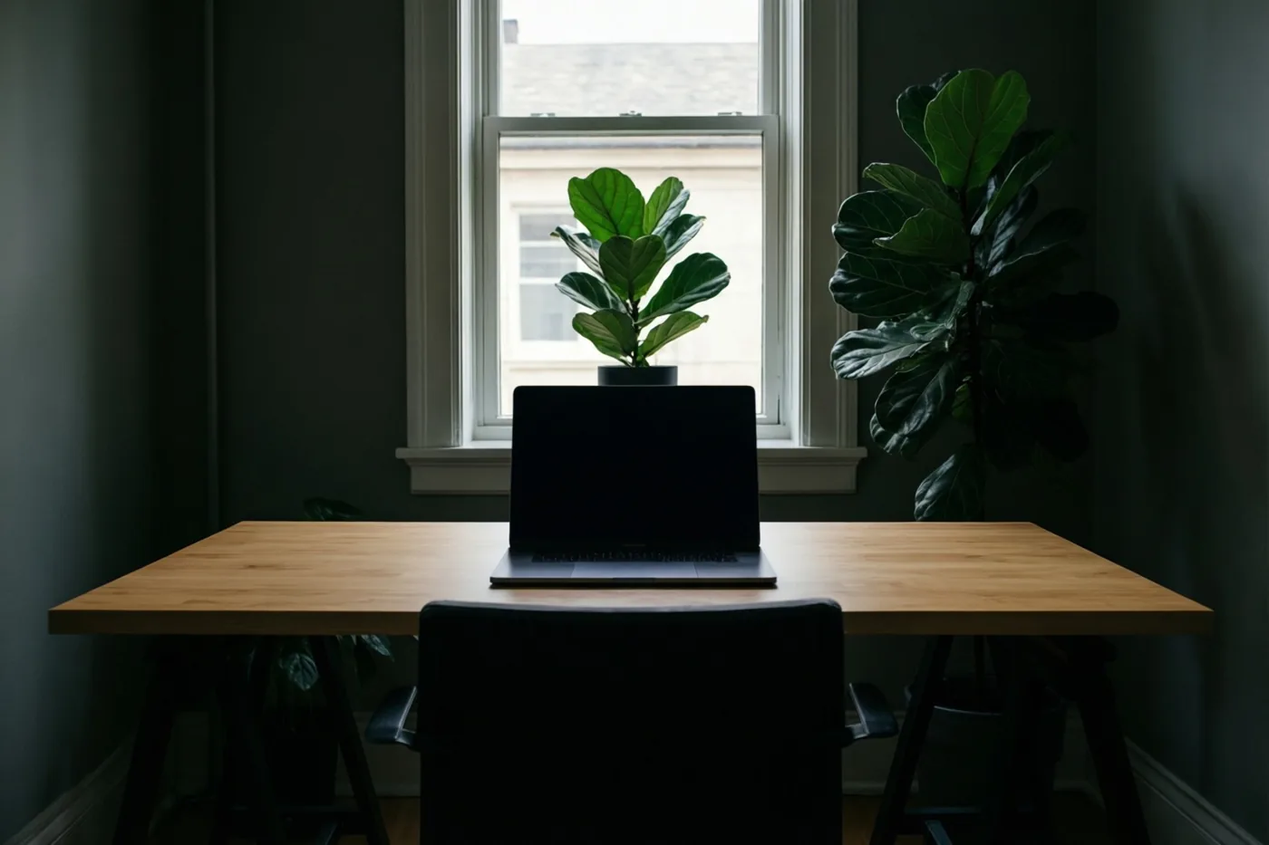 Een gesloten laptop ligt midden op een licht houten bureau tussen twee vioolbladplanten bij een raam, in een kamer met donkergrijze muren.