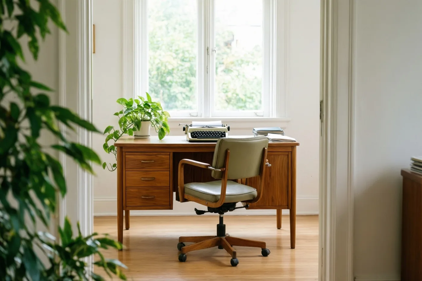 Een bureaustoel in jarenzestigstijl staat bij een teakhouten bureau met een potplant en een typemachine, naast een raam in een lichte kamer met houten vloer en witte muren.