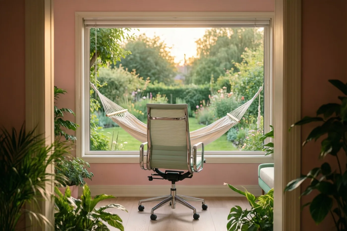 Een lege moderne bureaustoel staat bij een groot raam in een roze kamer met groene kamerplanten, met buiten een witte hangmat in een weelderige tuin.