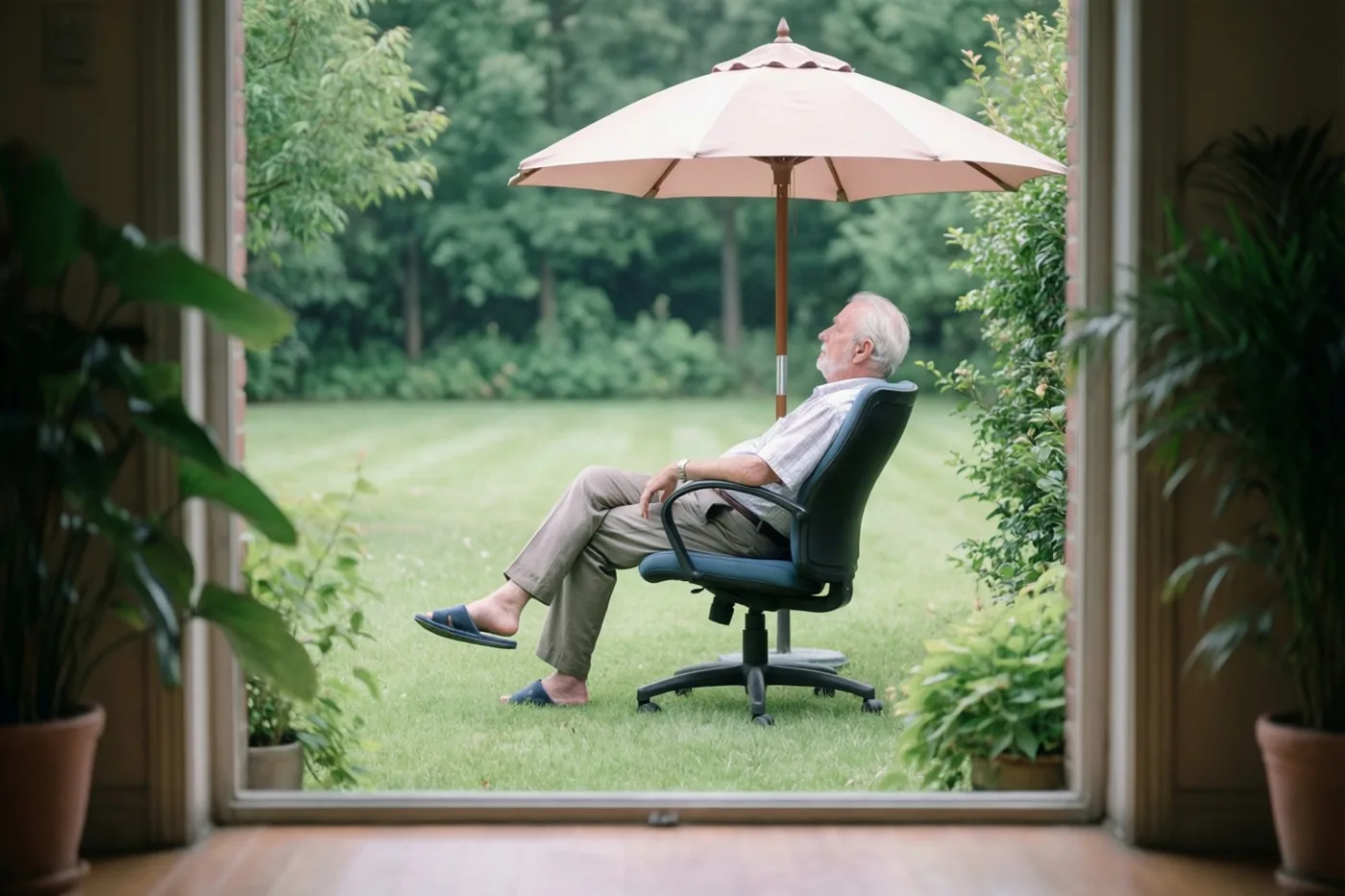 Door een deuropening met kamerplanten is een oudere man te zien in een zwarte bureaustoel op een groen gazon onder een beige parasol.