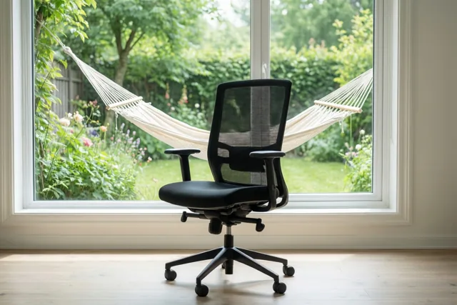 Een zwarte bureaustoel staat op een lichte houten vloer voor een groot raam, met buiten een witte hangmat in een groene tuin met bloemen.