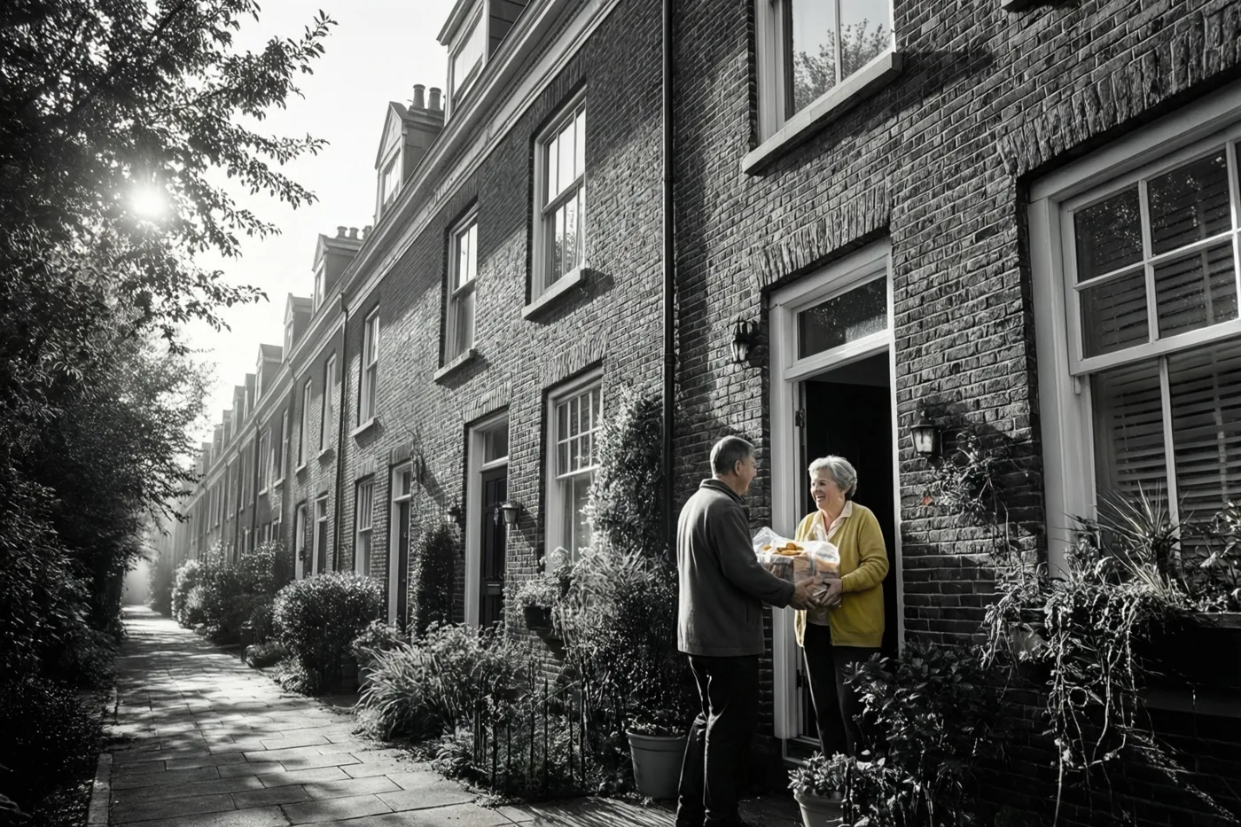 Op een zwart-witfoto geven twee buren op een zonnige ochtend een voedselpakket door aan de open deur van een bakstenen rijhuis in een rustige straat met bomen en planten.