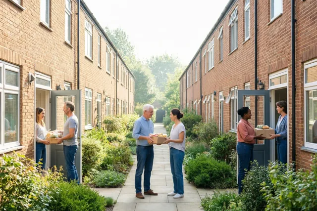 Buren geven op een zonnige ochtend voedselpakketten door bij open deuren van bakstenen huizen langs een verhard pad met groen.