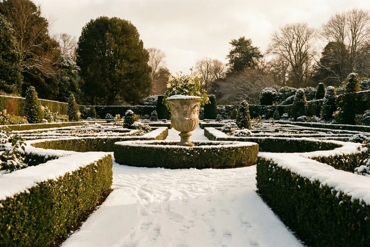 Een besneeuwde formele tuin heeft geometrische buxushagen en een centrale stenen siervaas met groen, met kale en groenblijvende bomen onder een bewolkte hemel.