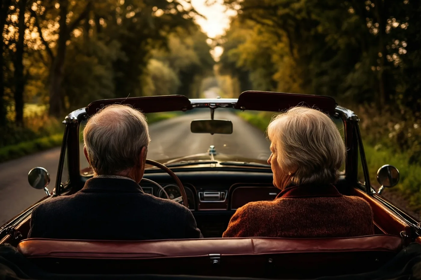 Een ouder koppel rijdt, van achteren gezien, in een oldtimer met open dak over een landweg met bomen in zacht, goudkleurig zonlicht.