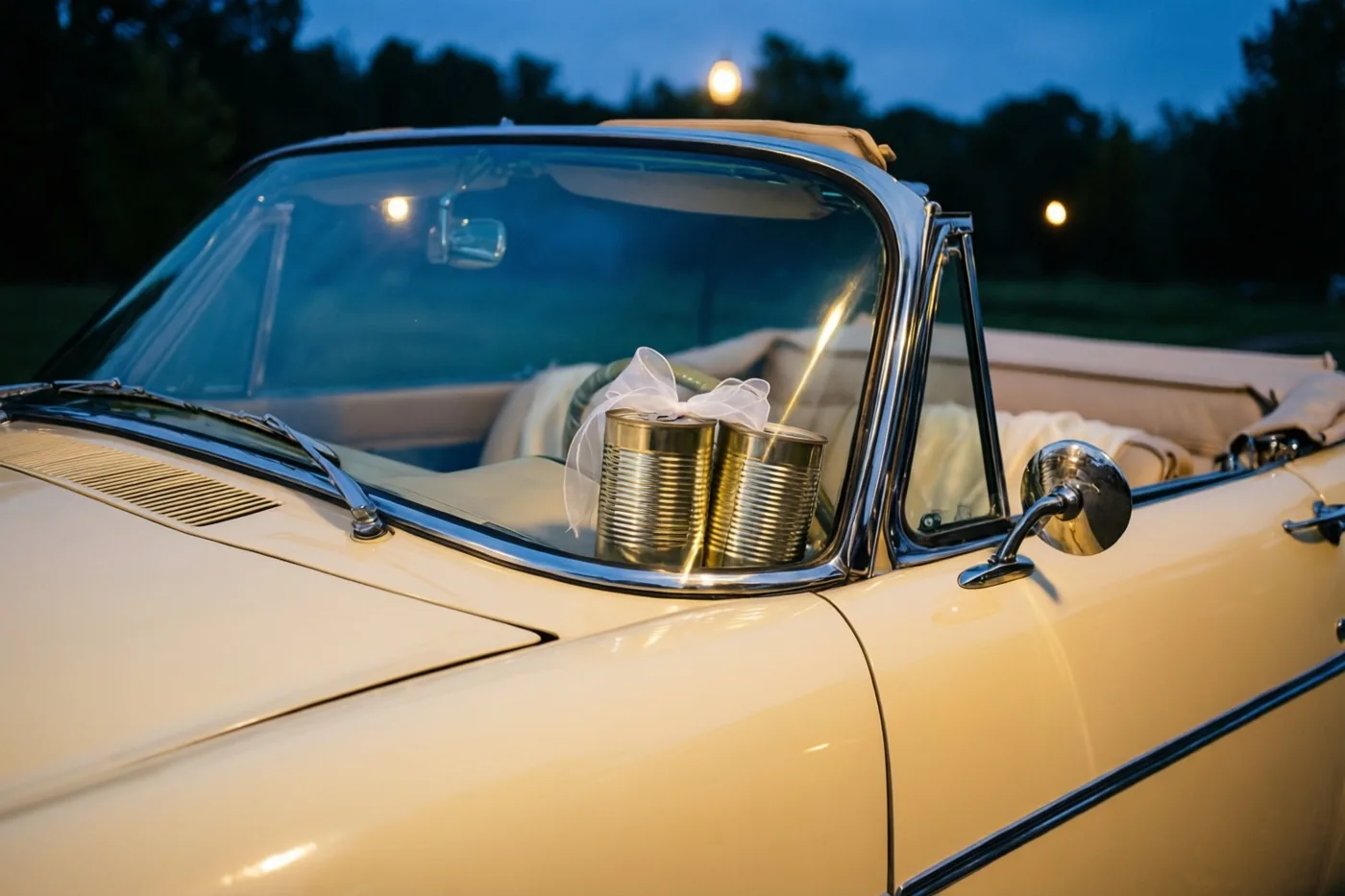 Een crèmekleurige cabrio uit de jaren vijftig staat buiten onder een donker wordende hemel, met twee door een wit lint verbonden blikken op het dashboard en lichten in de verte.