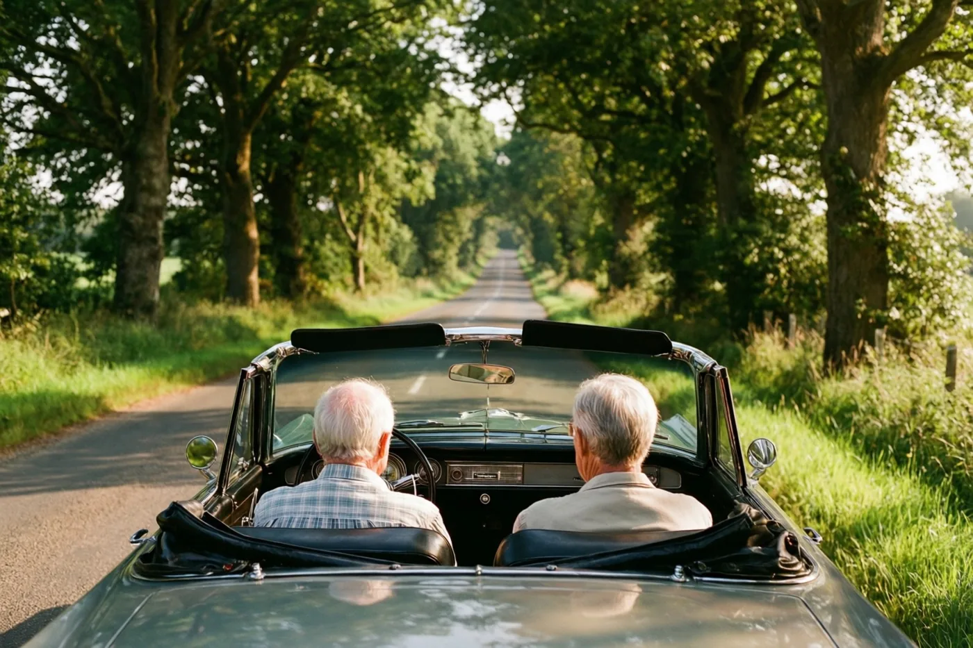 Van achteren gezien rijdt een ouder koppel in een oldtimer met open dak over een zonnige landweg met groene bomen onder een heldere hemel.