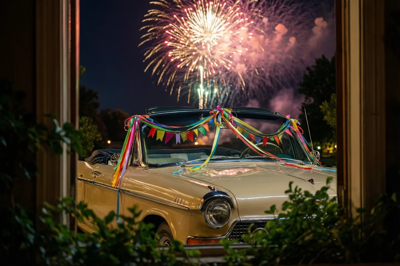 Door een raamkozijn is 's nachts een oude cabriolet met kleurrijke slingers te zien, met helder vuurwerk in de donkere lucht erboven.