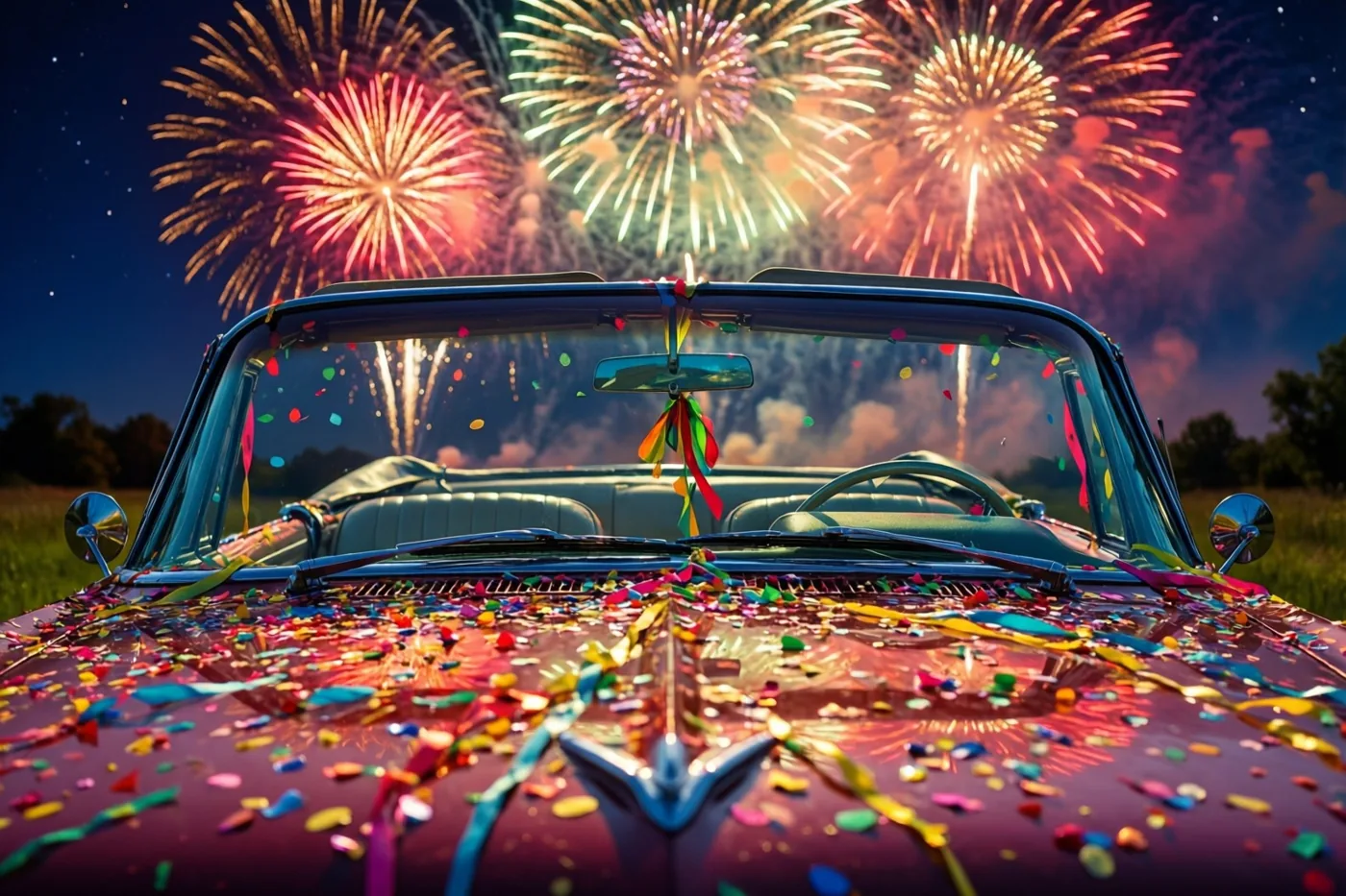 Een oude cabriolet vol kleurrijke confetti en slingers staat buiten onder een nachtelijke hemel met vuurwerk in overwegend rode, gouden en groene tinten.