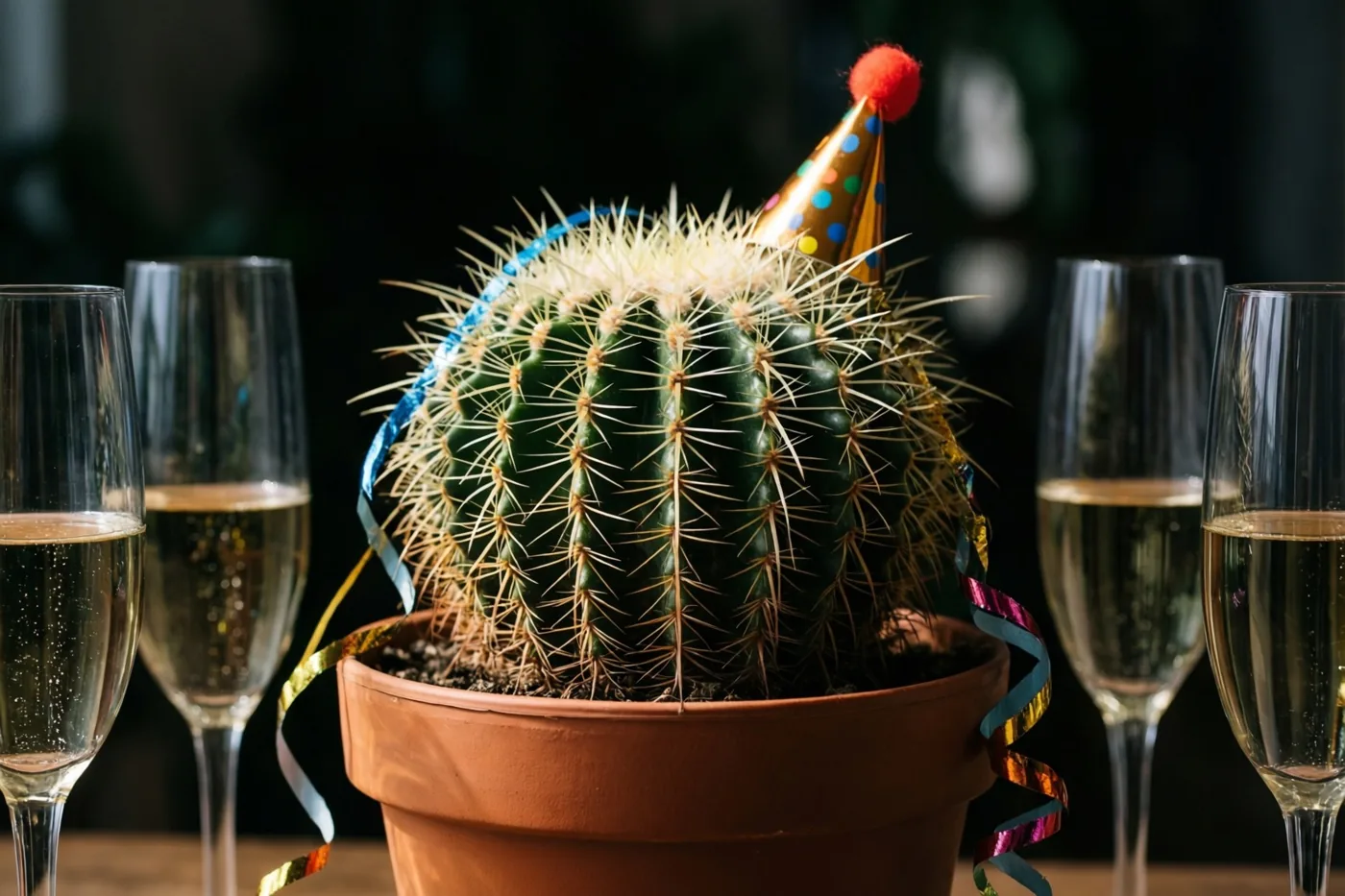 Een cactus in een pot draagt een feesthoedje en staat tussen kleurrijke slingers en champagneglazen met bubbels, tegen een donkere onscherpe achtergrond.
