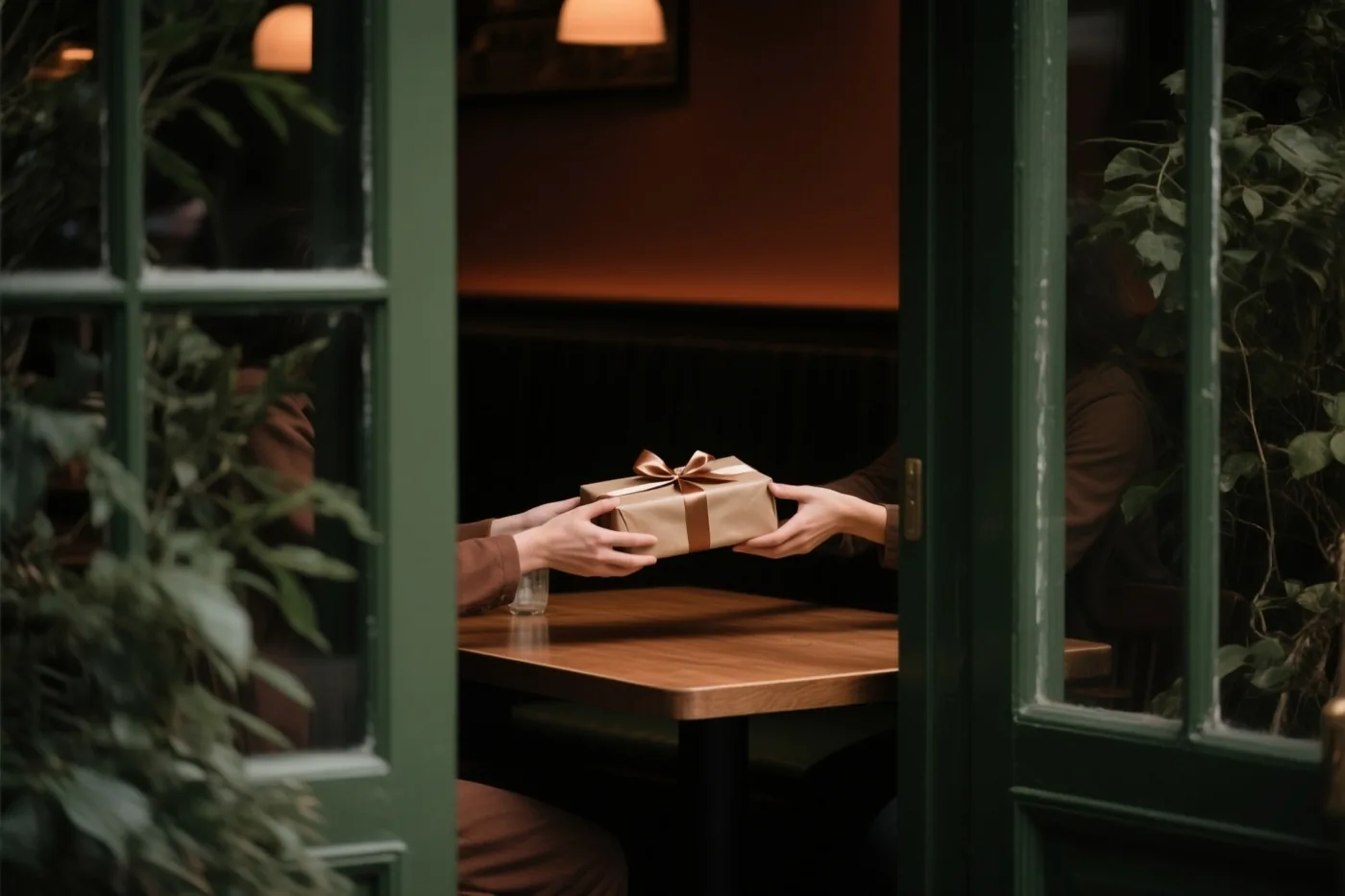 Door een groen raamkozijn zijn twee handen te zien die een bruine cadeaudoos met een lint over een houten cafétafel doorgeven.