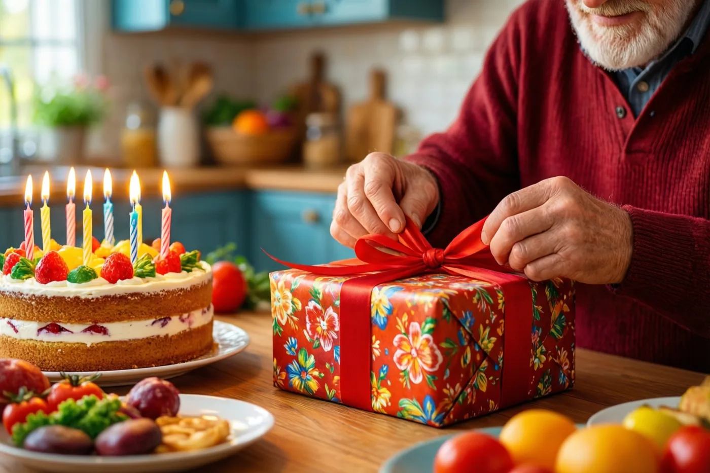 De handen van een oudere man pakken een cadeau in bloemenpapier uit aan een houten keukentafel, naast een taart met brandende kaarsjes en vers fruit.