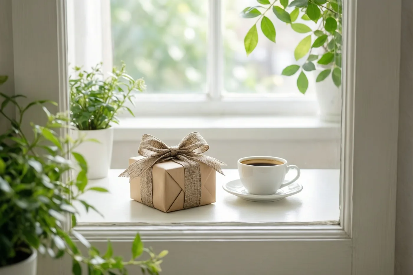 Een klein cadeau in bruin papier met een juten strik staat naast een witte koffiekop op een witte vensterbank, met groene planten rond het raam.