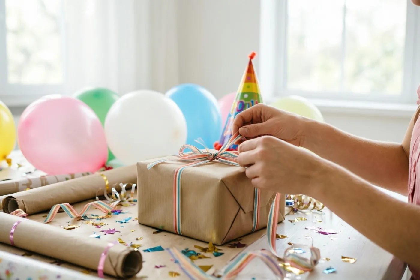 Twee handen knopen een gestreept lint rond een cadeau in bruin papier op een tafel met confetti, rollen inpakpapier en kleurrijke ballonnen bij een raam met zacht daglicht.