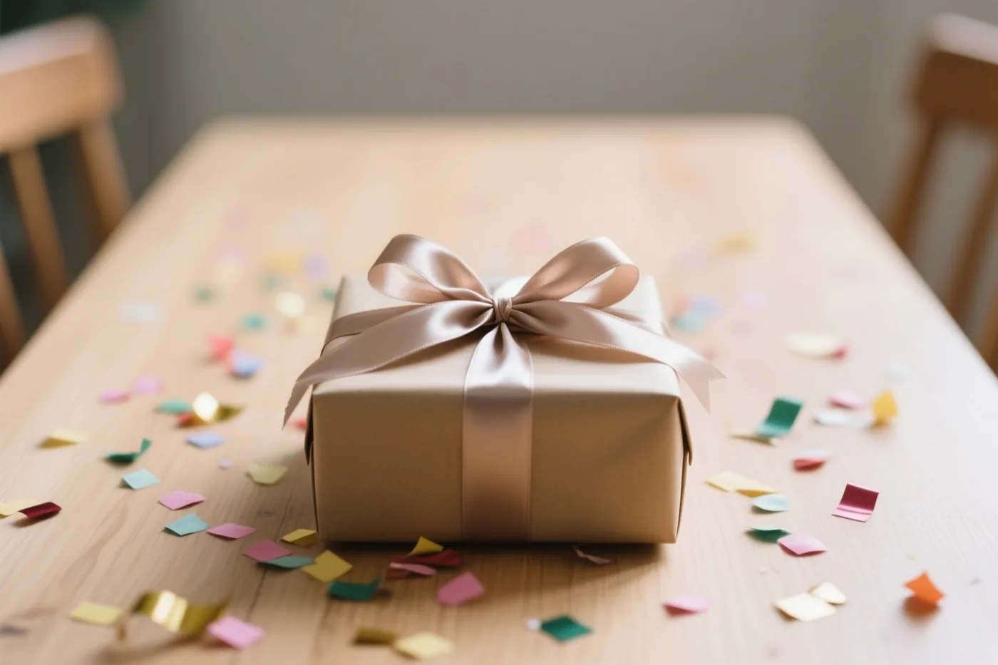 Een cadeau in bruin papier met een beige satijnen strik staat tussen kleurrijke confetti op een licht houten tafel.