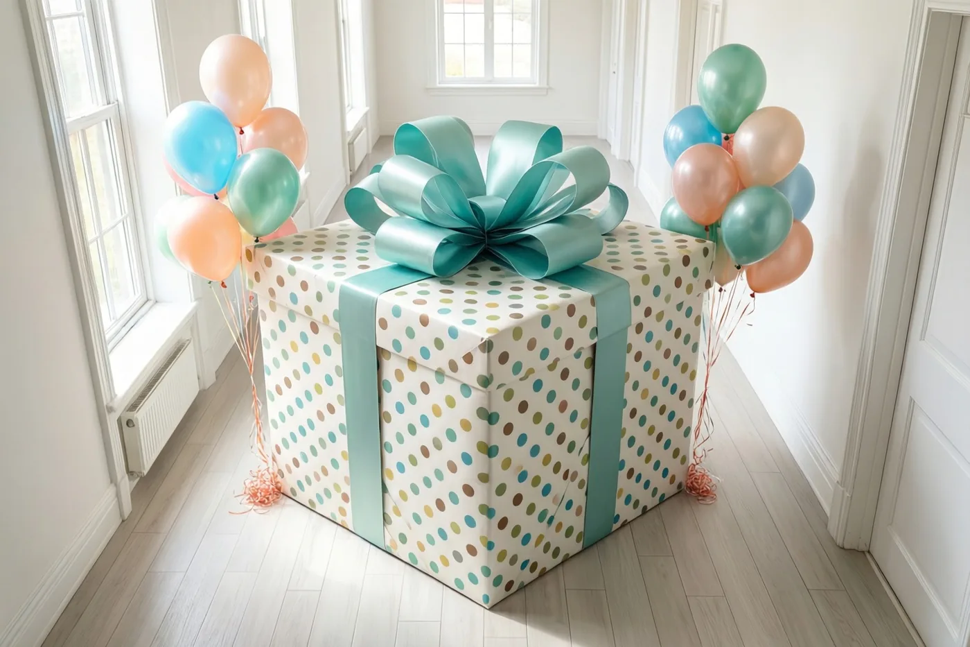 Een grote cadeaudoos in stippenpapier met een enorme blauwgroene strik staat in een lichte gang met witte muren en een houten vloer, met pastelballonnen aan de hoeken.